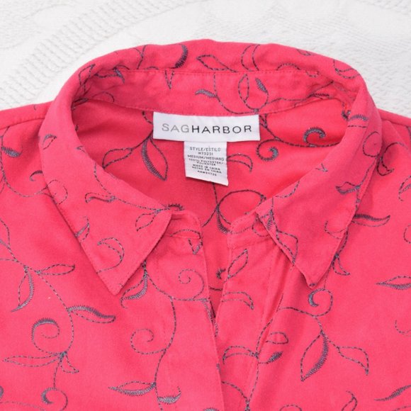 Sag Harbor Microfiber Button Jacket Collar Shirt Blouse Embroidered Hot Pink M - Picture 4 of 12